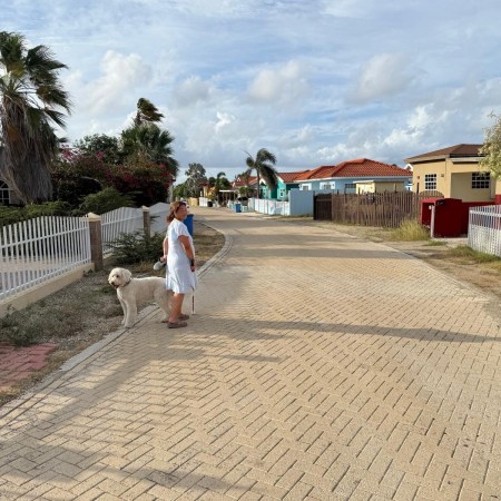Percy en ik staan aan het begin van het leuke straatje