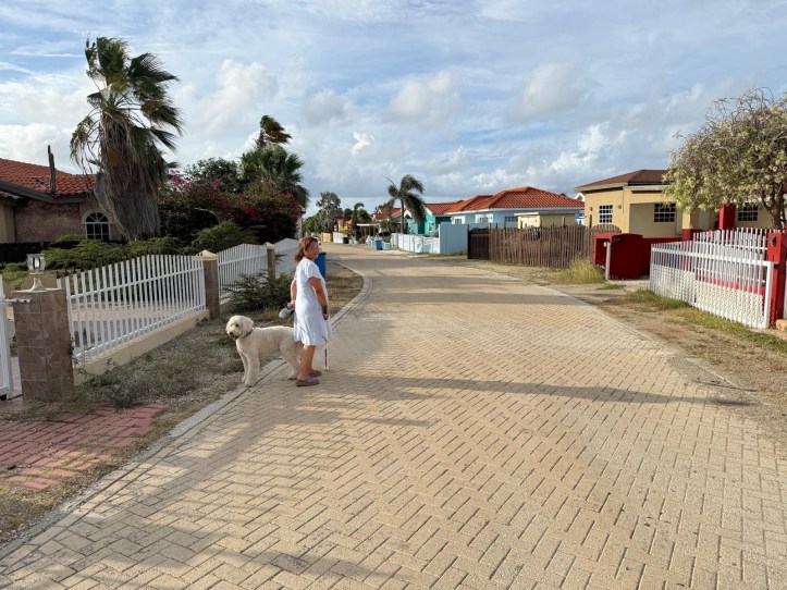 Percy en ik staan aan het begin van het leuke straatje