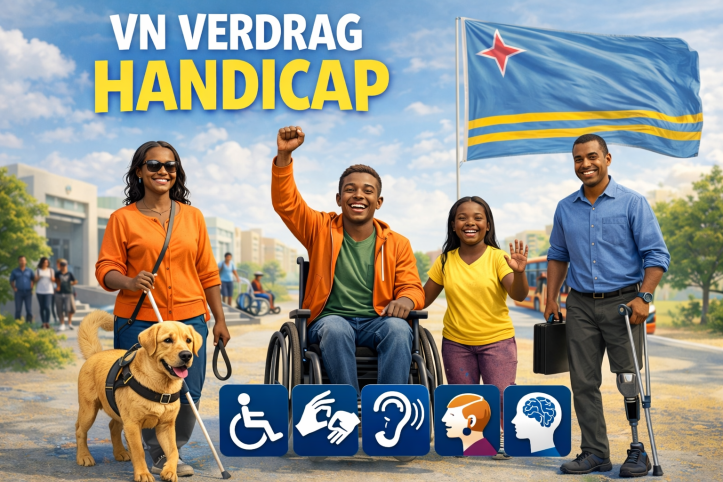 plaatje van mensen met diverse. beperkingen met groot de tekst VN verdrag handicap en Arubaanse vlag